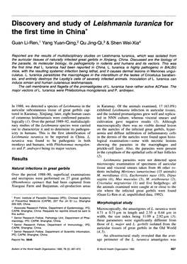 Discovery and Study of Leishmania Turanica for the First Time in China* Guan Li-Ren,1 Yang Yuan-Qing,2 Qu Jing-Qi,3 & Shen Wei-Xia4