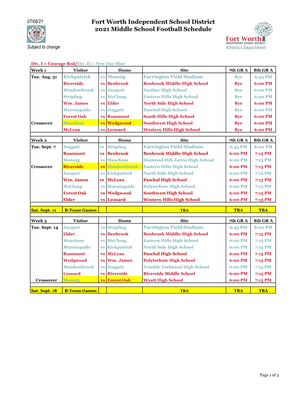 Fort Worth Independent School District 2021 Middle School Football Schedule