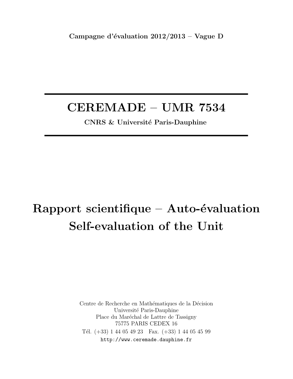 UMR 7534 Rapport Scientifique – Auto-Évaluation Self