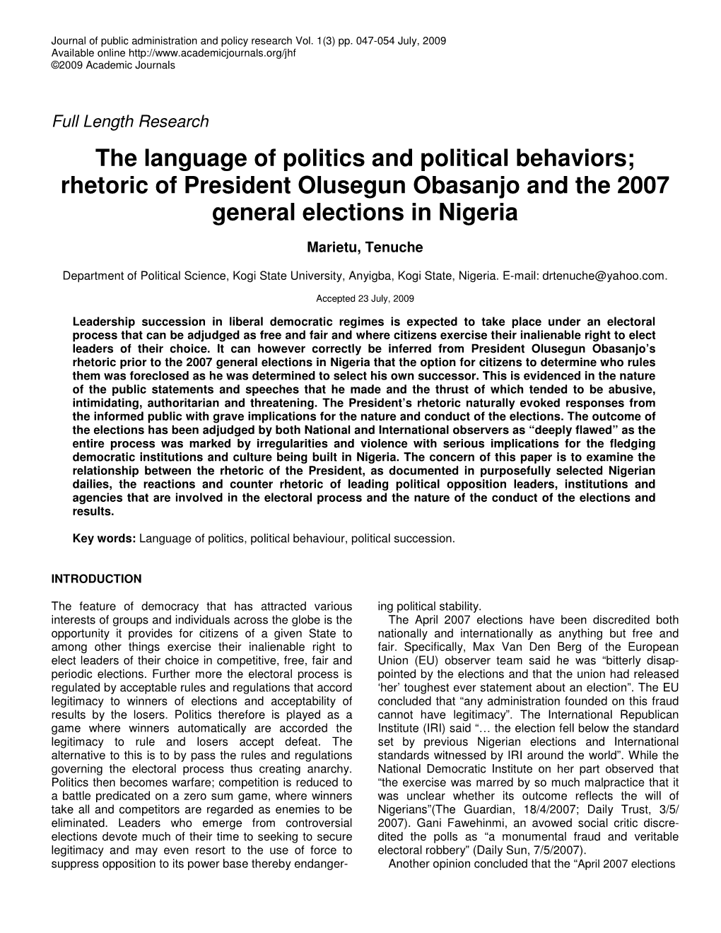 Rhetoric of President Olusegun Obasanjo and the 2007 General Elections in Nigeria