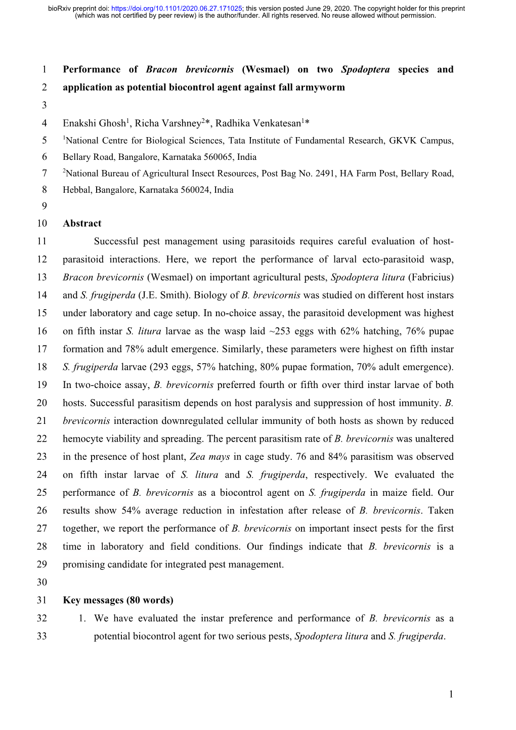 Performance of Bracon Brevicornis (Wesmael) on Two Spodoptera