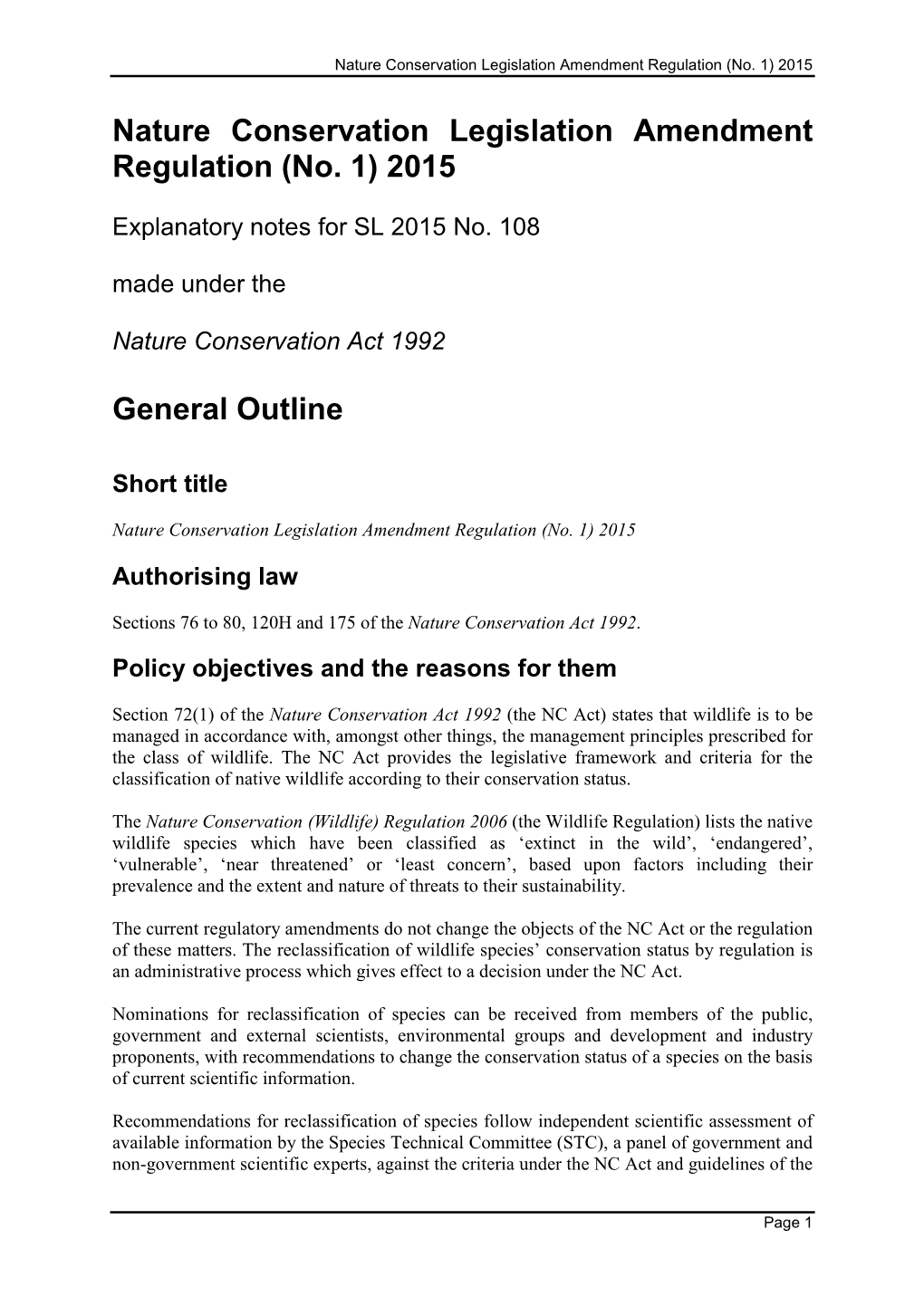 Nature Conservation Legislation Amendment Regulation (No. 1) 2015