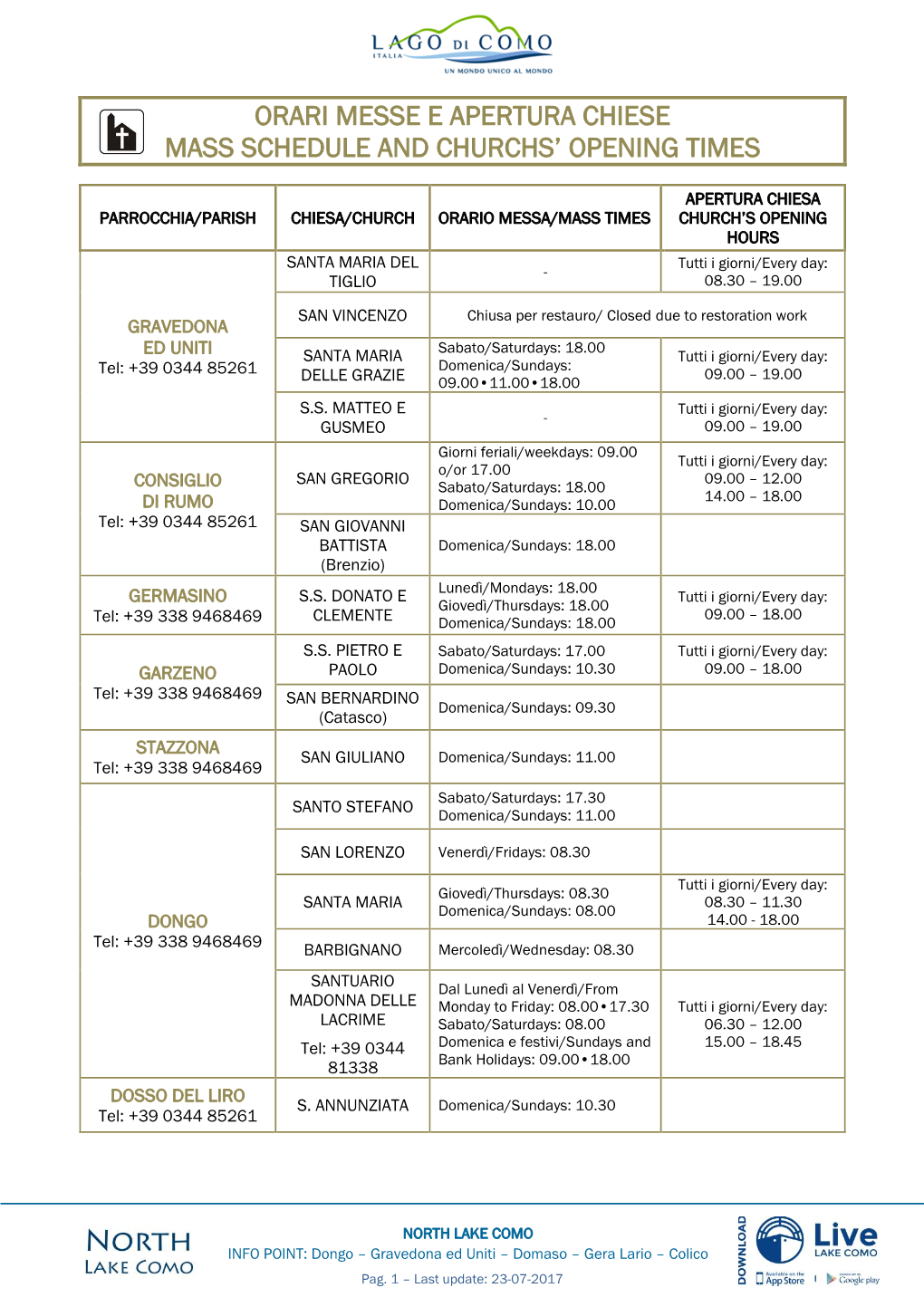 Orari Messe E Apertura Chiese Mass Schedule and Churchs’ Opening Times