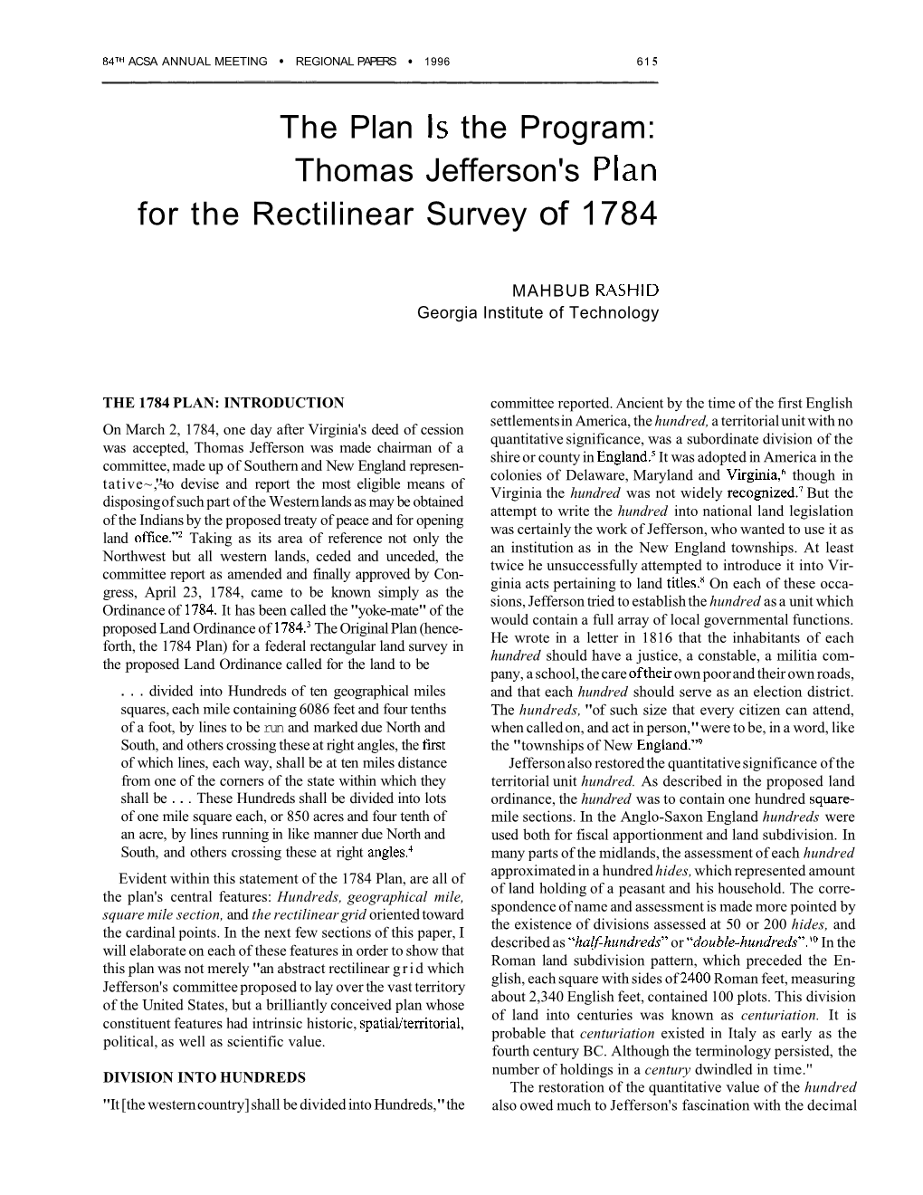 Thomas Jefferson's Plan for the Rectilinear Survey of 1784