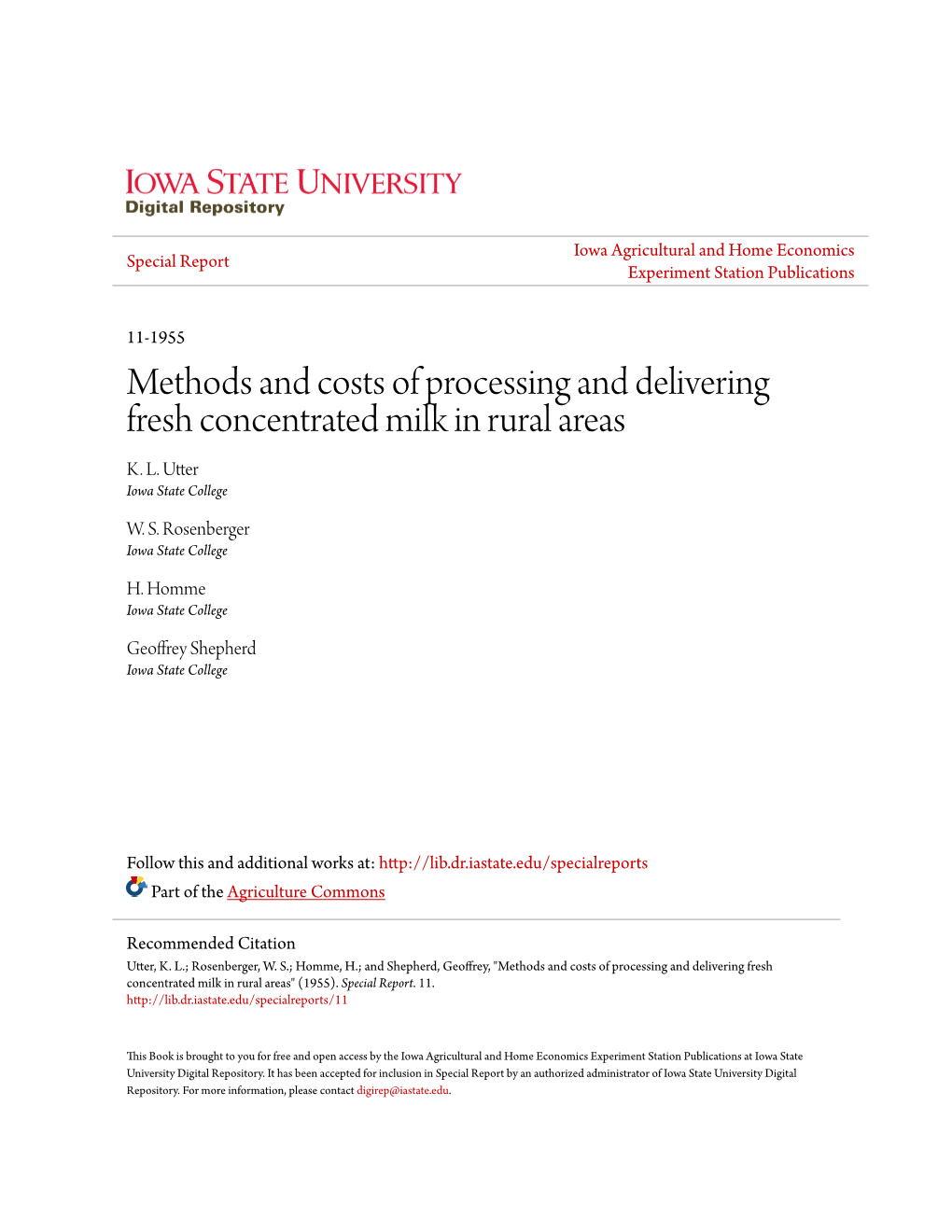 Methods and Costs of Processing and Delivering Fresh Concentrated Milk in Rural Areas K