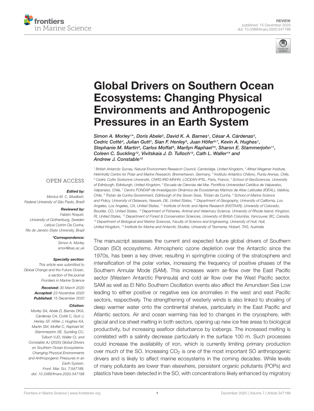 Global Drivers On Southern Ocean Ecosystems: Changing Physical ...