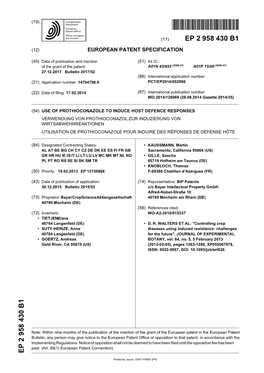 European Patent Office of Opposition to That Patent, in Accordance with the Implementing Regulations