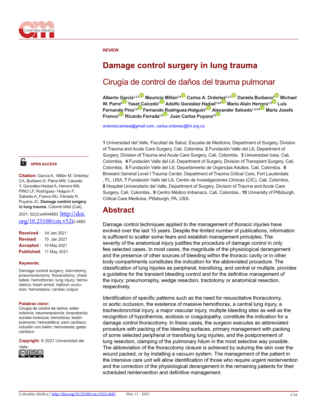 Damage Control Surgery in Lung Trauma Cirugía De Control De Daños Del Trauma Pulmonar