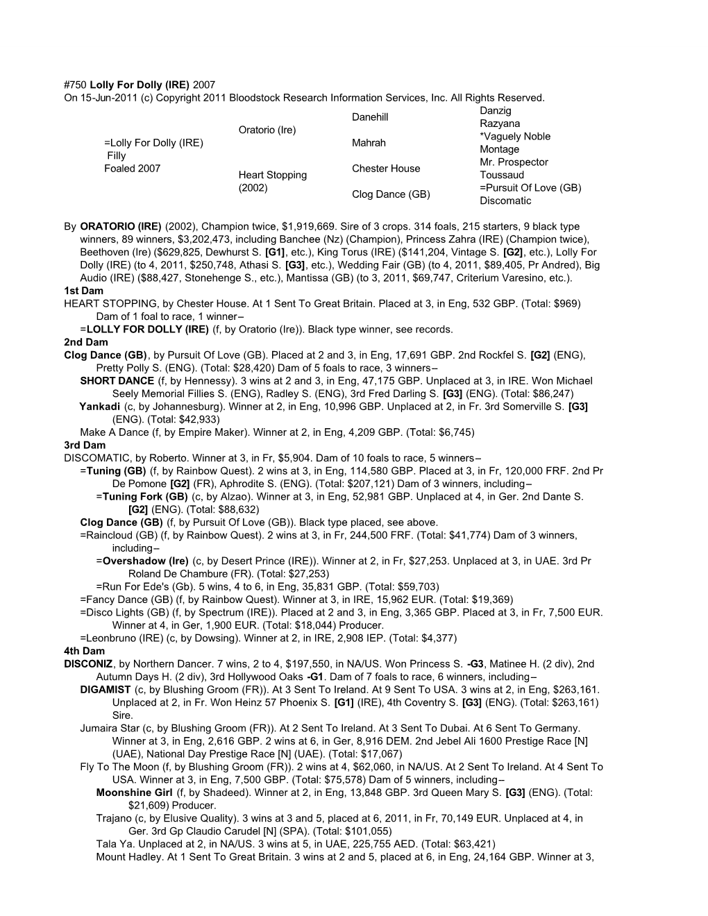 750 Lolly for Dolly (IRE) 2007 on 15-Jun-2011 (C) Copyright 2011 Bloodstock Research Information Services, Inc