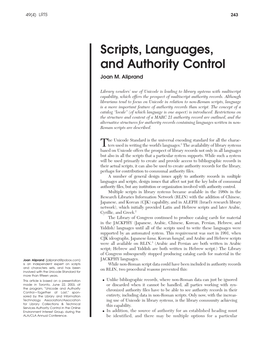 Scripts, Languages, and Authority Control Joan M