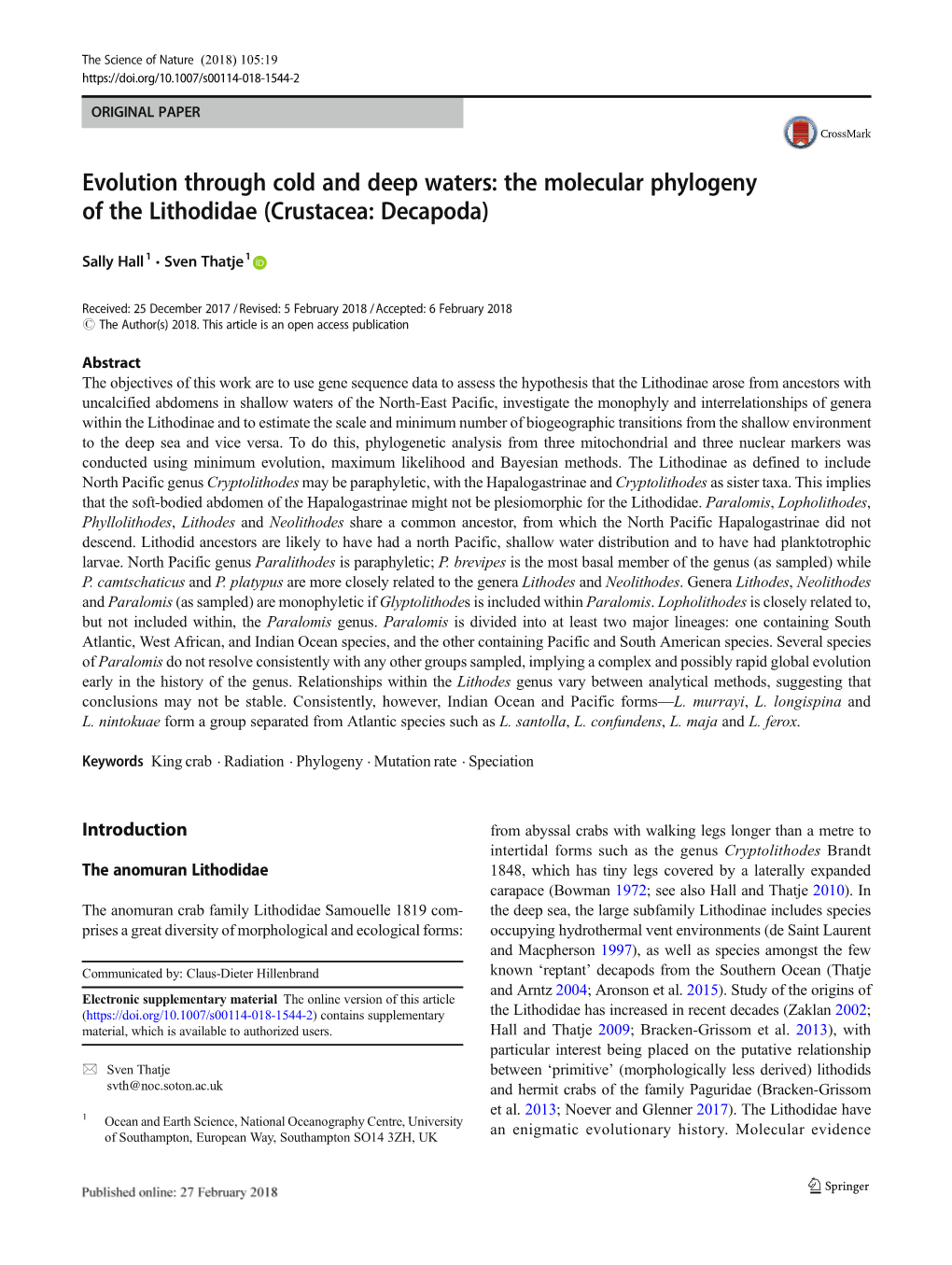 The Molecular Phylogeny of the Lithodidae (Crustacea: Decapoda)