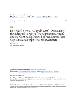 Ron Rash's Serena: a Novel (2008): Dramatizing the Industrial Logging