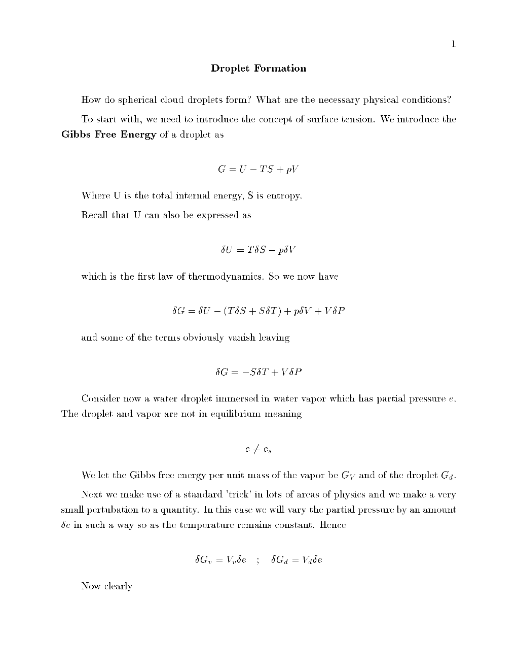 Droplet Formation Gibbs Free Energy of a Droplet As