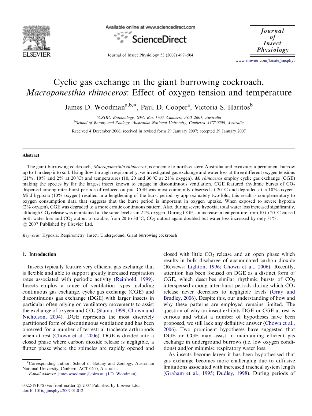 Cyclic Gas Exchange in the Giant Burrowing Cockroach, Macropanesthia Rhinoceros: Effect of Oxygen Tension and Temperature