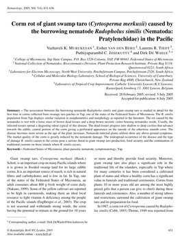 Corm Rot of Giant Swamp Taro (Cyrtosperma Merkusii) Caused by the Burrowing Nematode Radopholus Similis (Nematoda: Pratylenchidae) in the Paciﬁc