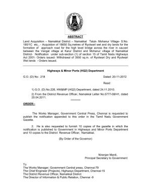 ABSTRACT Land Acquisition – Namakkal District – Namakkal Taluk- Mohanur Village- S.No