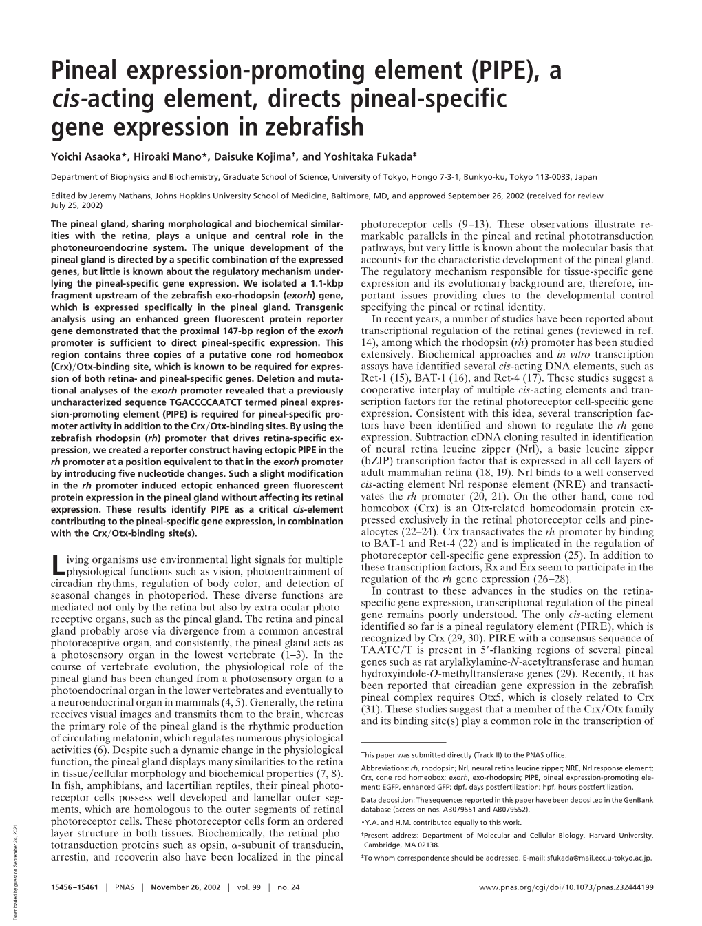 A Cis-Acting Element, Directs Pineal-Specific Gene Expression in Zebrafish