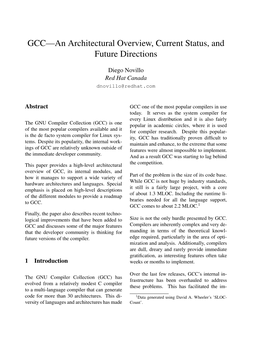 GCC—An Architectural Overview, Current Status, and Future Directions