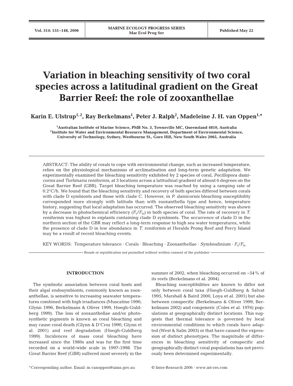 Variation in Bleaching Sensitivity of Two Coral Species Across a Latitudinal Gradient on the Great Barrier Reef: the Role of Zooxanthellae
