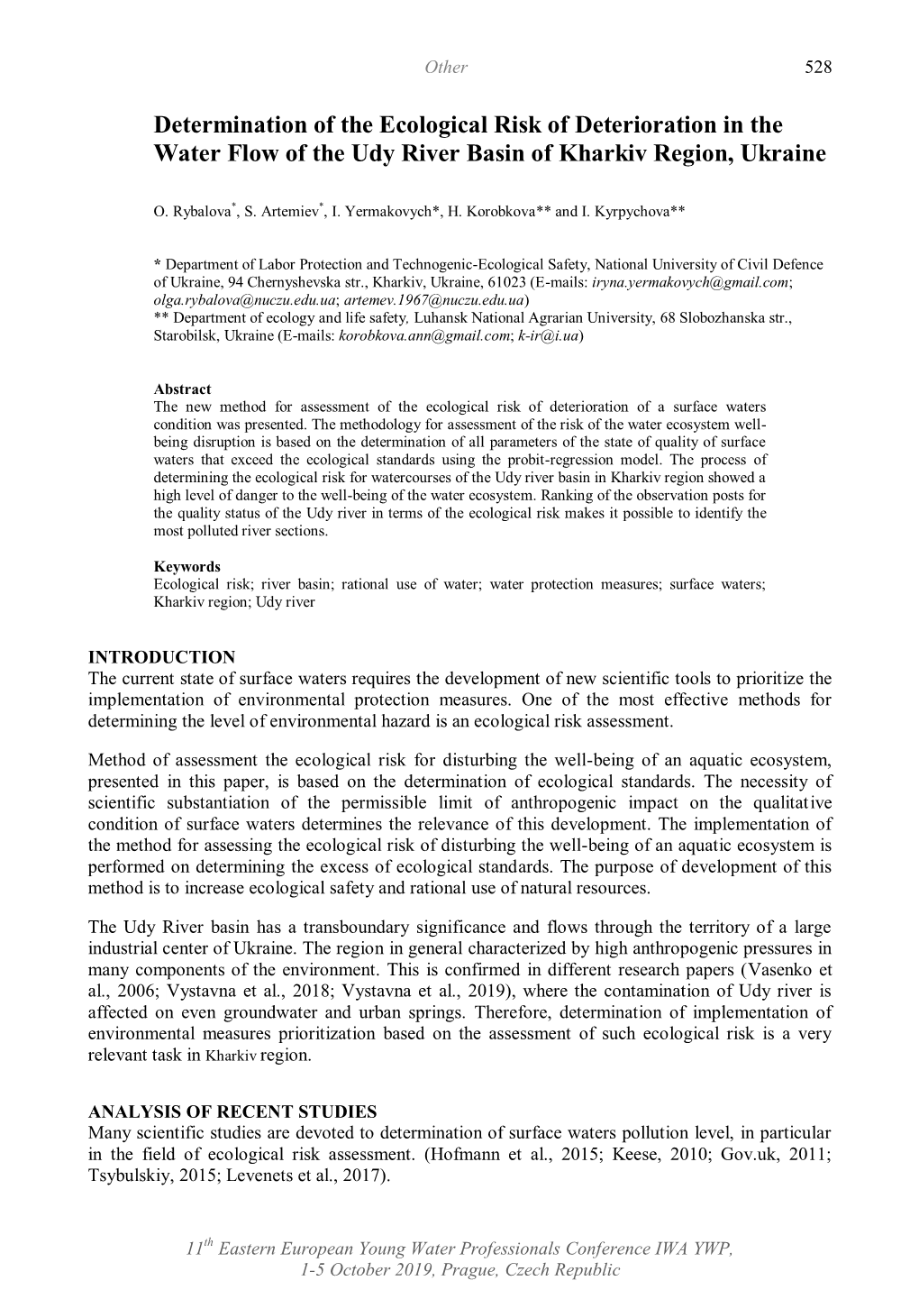 Determination of the Ecological Risk of Deterioration in the Water Flow of the Udy River Basin of Kharkiv Region, Ukraine