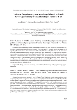 Index to Fungal Genera and Species Published in Czech Mycology, Formerly Česká Mykologie, Volumes 1–64