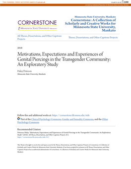 Motivations, Expectations and Experiences of Genital Piercings in the Transgender Community: an Exploratory Study Haley Peterson Minnesota State University, Mankato