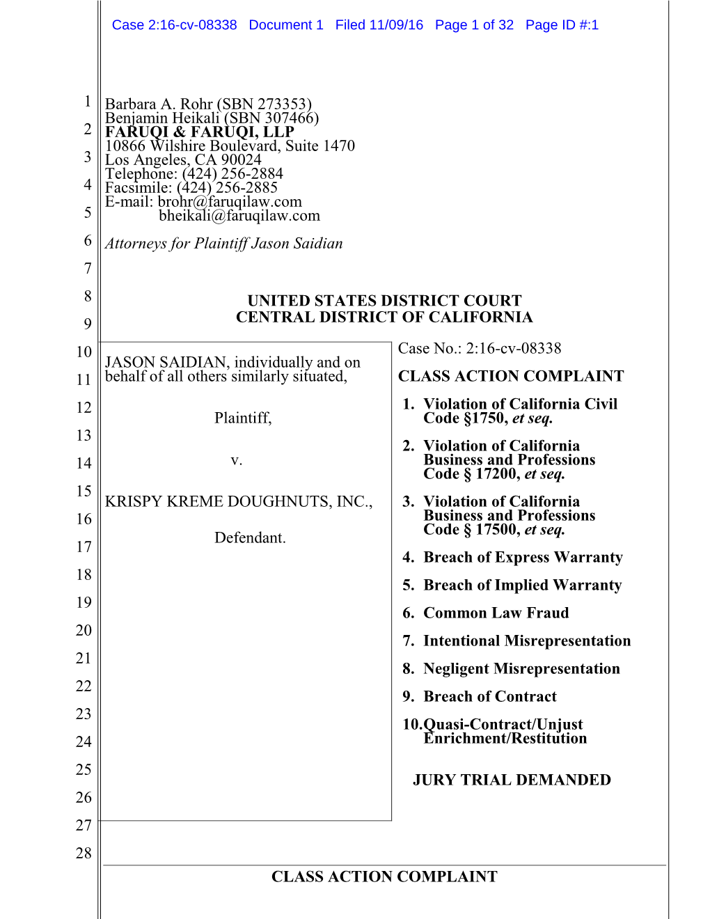 CLASS ACTION COMPLAINT 1 2 3 4 5 6 7 8 9 10 11 12 13 14 15 16 17 18 19 20 21 22 23 24 25 26 27 28 Barbara A. Rohr