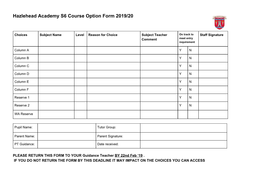 Hazlehead Academy S6 Course Option Form 2019/20
