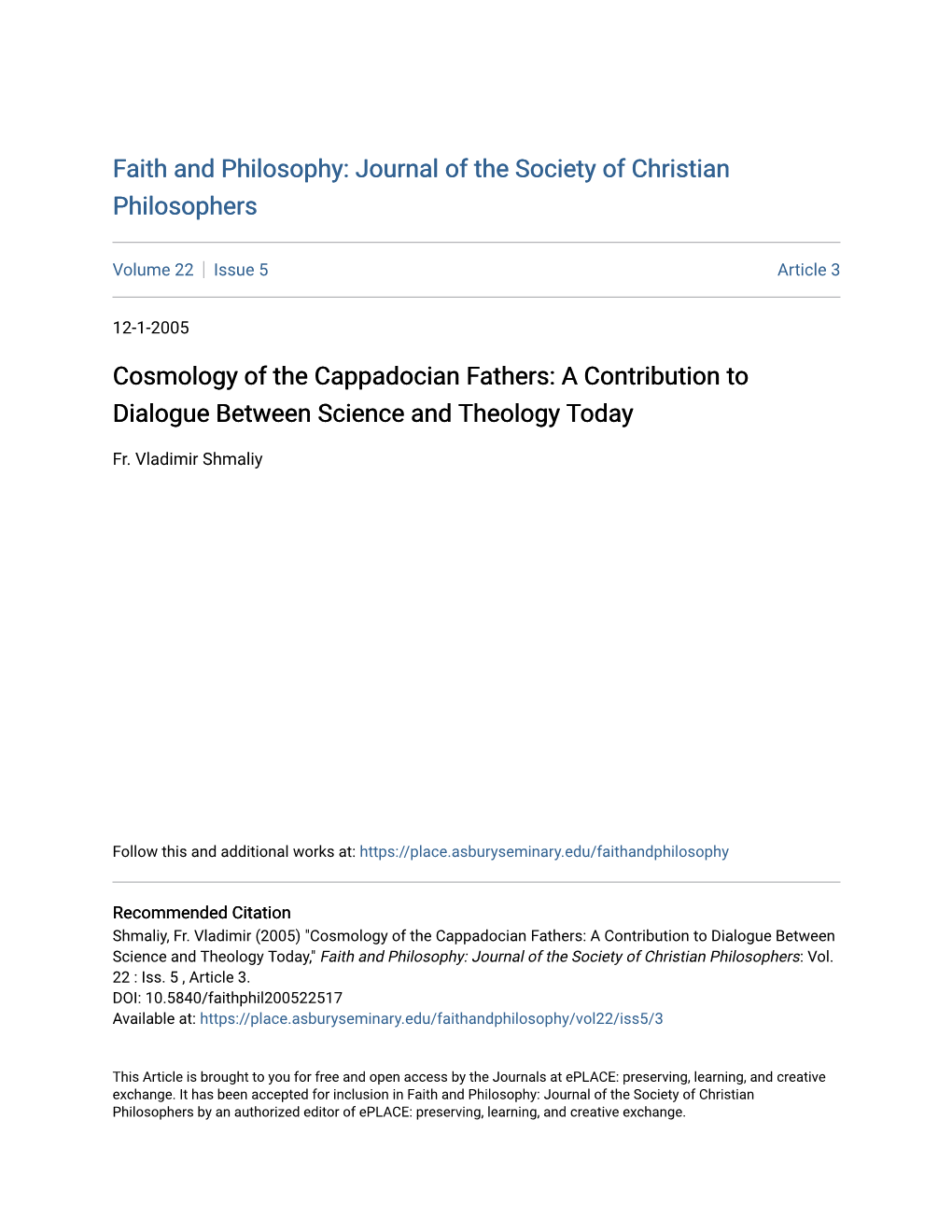 Cosmology of the Cappadocian Fathers: a Contribution to Dialogue Between Science and Theology Today