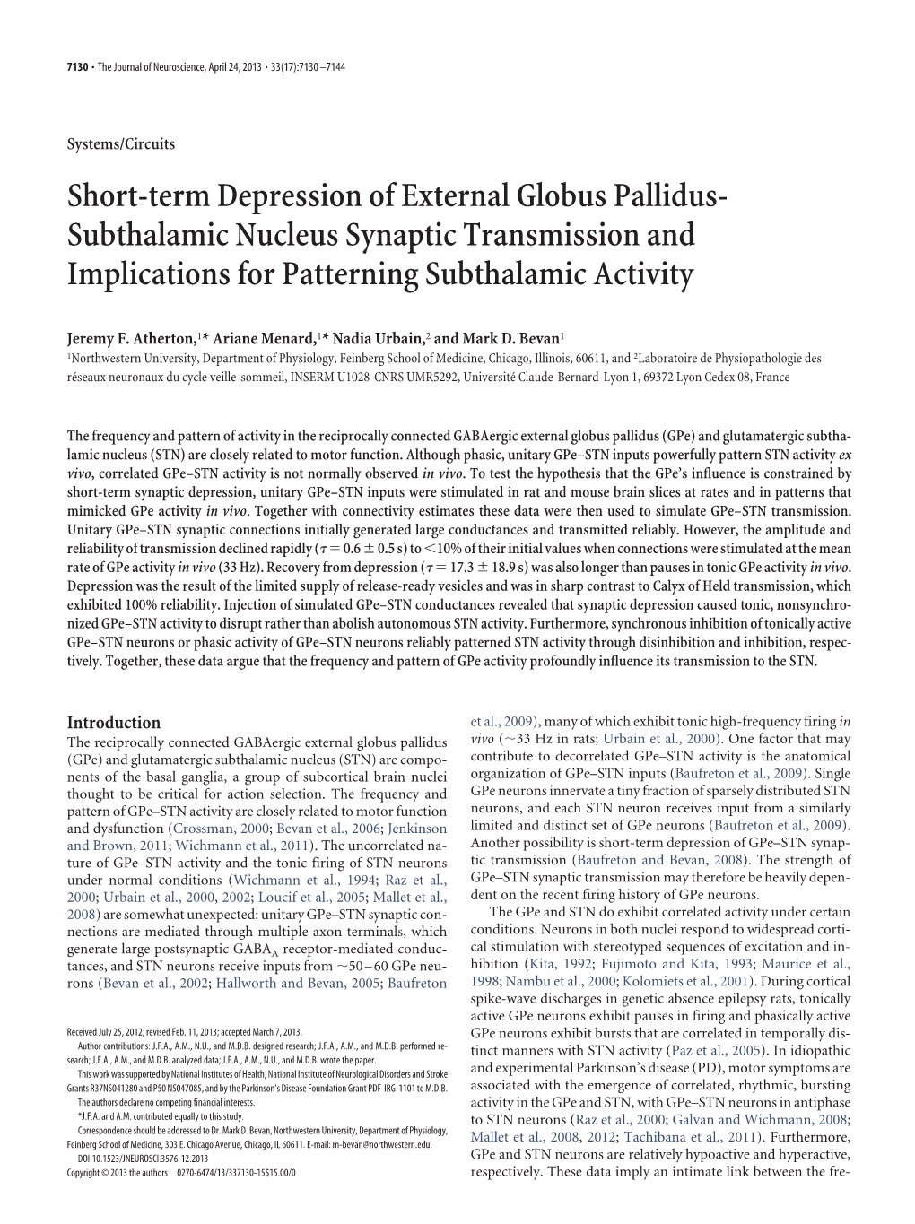 Short-Term Depression of External Globus Pallidus- Subthalamic Nucleus Synaptic Transmission and Implications for Patterning Subthalamic Activity