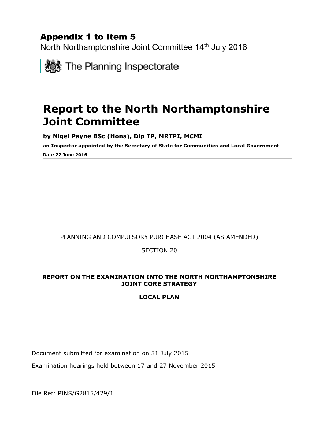 Report to the North Northamptonshire Joint Committee