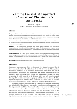 Valuing the Risk of Imperfect Information: Christchurch Earthquake Callum Logan 123 RMIT University, Melbourne, Australia