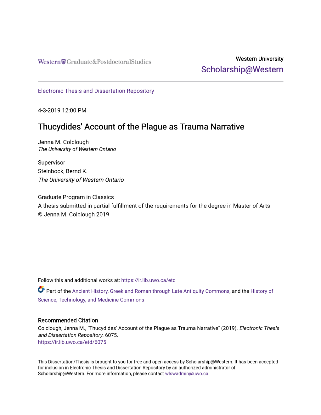 Thucydides' Account of the Plague As Trauma Narrative