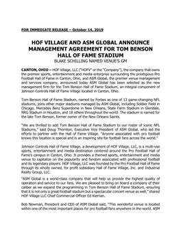Hof Village and Asm Global Announce Management Agreement for Tom Benson Hall of Fame Stadium Blake Schilling Named Venue’S Gm