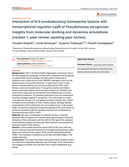 Interaction of N-3-Oxododecanoyl Homoserine Lactone with Transcriptional Regulator Lasr of Pseudomonas Aeruginosa