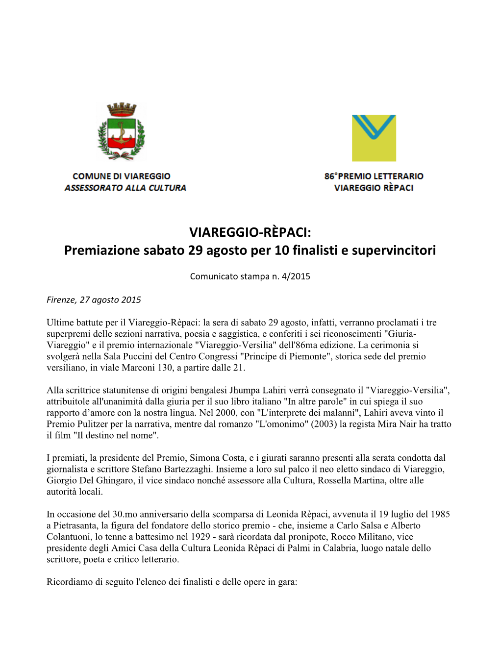 Comunicato Stampa N. 4/2015