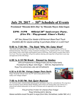 July 29, 2017 – 50Th Schedule of Events