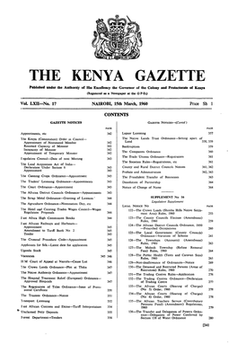 THE KENYA GAZETTE Hbhshed Under the Anthonty of Hisexcellency the Governor of the Colony and Protectorate of Kenya (Remrcd As a Newspaper at the G P 0.) - 7701