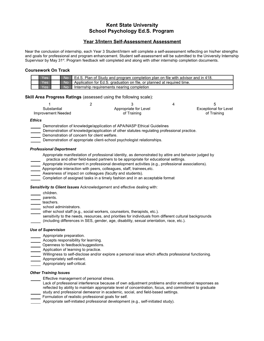 Year 1 Student Self-Assessment