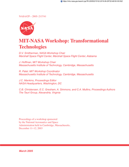 MIT-NASA Workshop: Transformational Technologies D.V