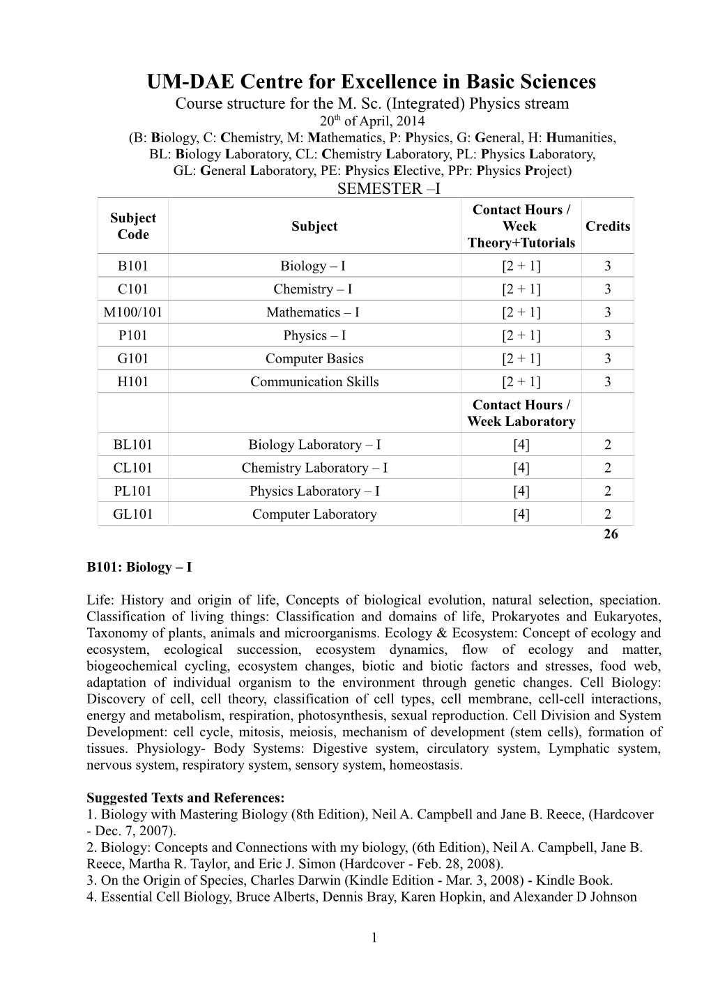 UM-DAE Centre for Excellence in Basic Sciences Course Structure for the M