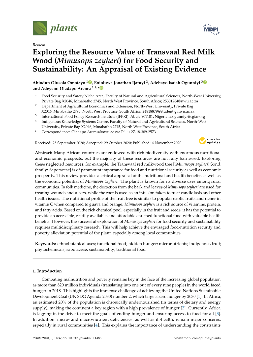 (Mimusops Zeyheri) for Food Security and Sustainability: an Appraisal of Existing Evidence