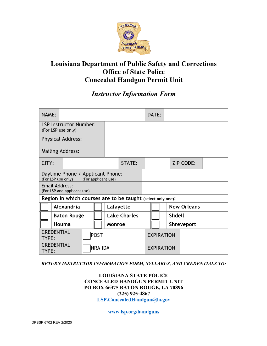 Louisiana Department of Public Safety and Corrections Office of State Police Concealed Handgun Permit Unit