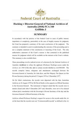 Hocking V Director-General of National Archives of Australia [2018] FCA 340 Griffiths J SUMMARY