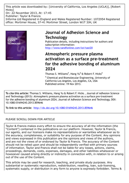 Atmospheric Pressure Plasma Activation As a Surface Pre-Treatment for the Adhesive Bonding of Aluminum 2024 Thomas S