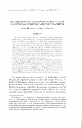 The Dependence of Rabbi David Kimhi (Radak) on Rashi