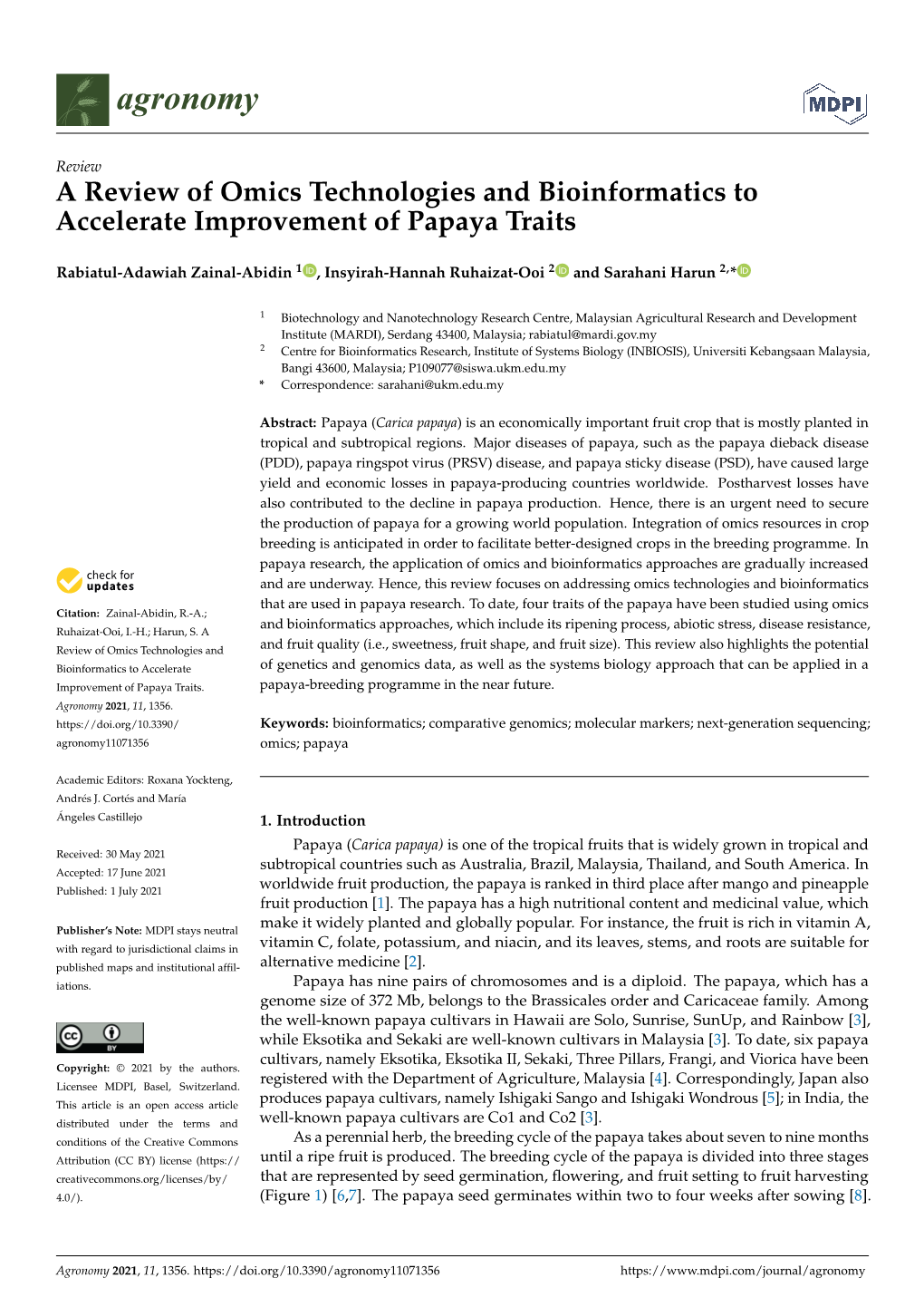 A Review of Omics Technologies and Bioinformatics to Accelerate Improvement of Papaya Traits