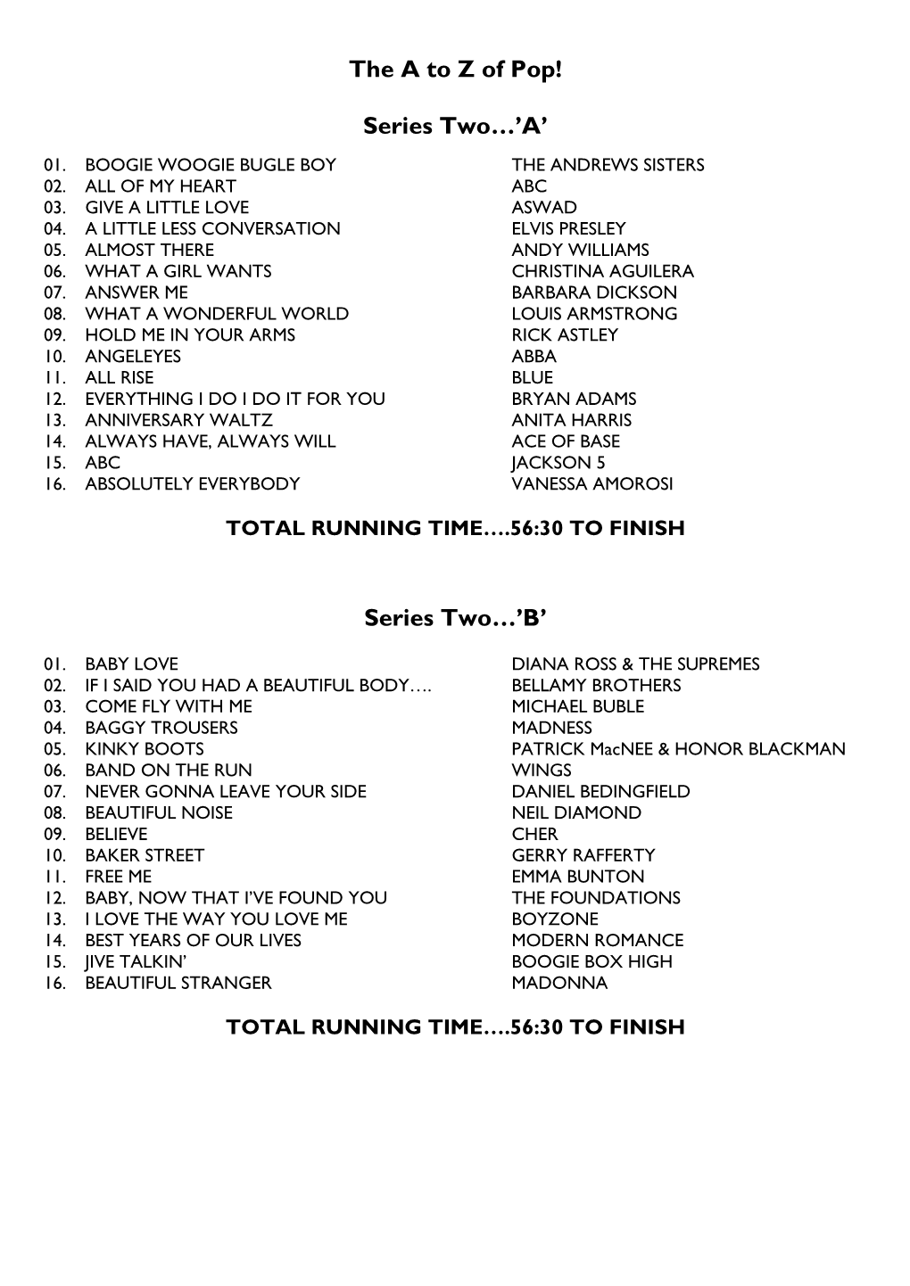 Series Two Running Order a to Y