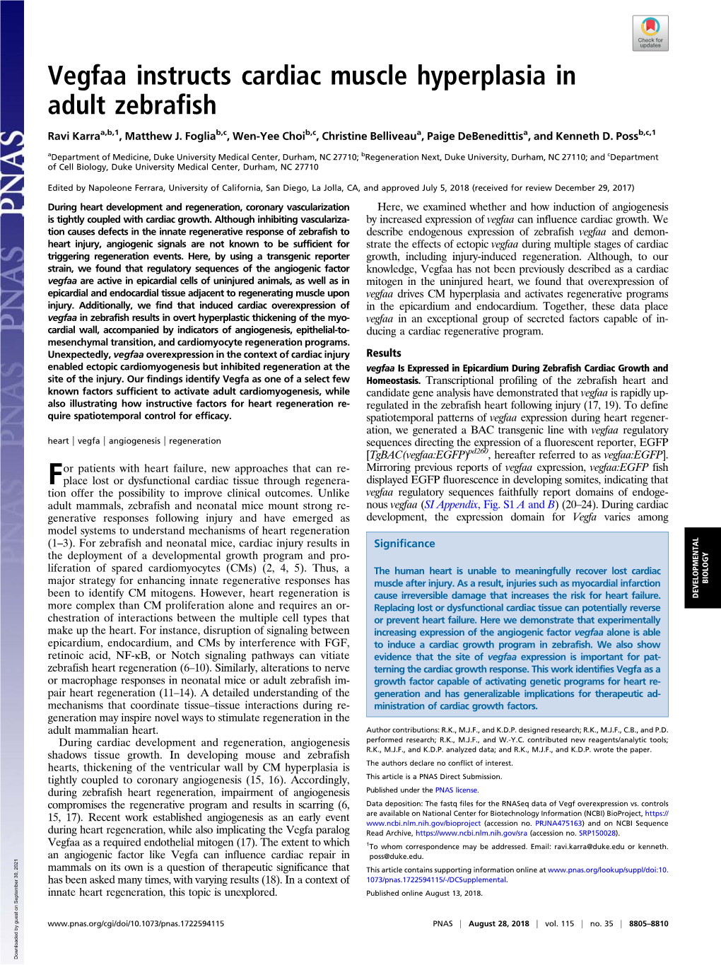 Vegfaa Instructs Cardiac Muscle Hyperplasia in Adult Zebrafish