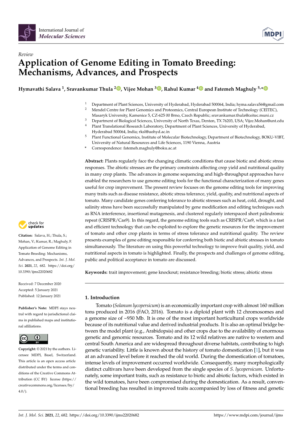 Application of Genome Editing in Tomato Breeding: Mechanisms, Advances, and Prospects